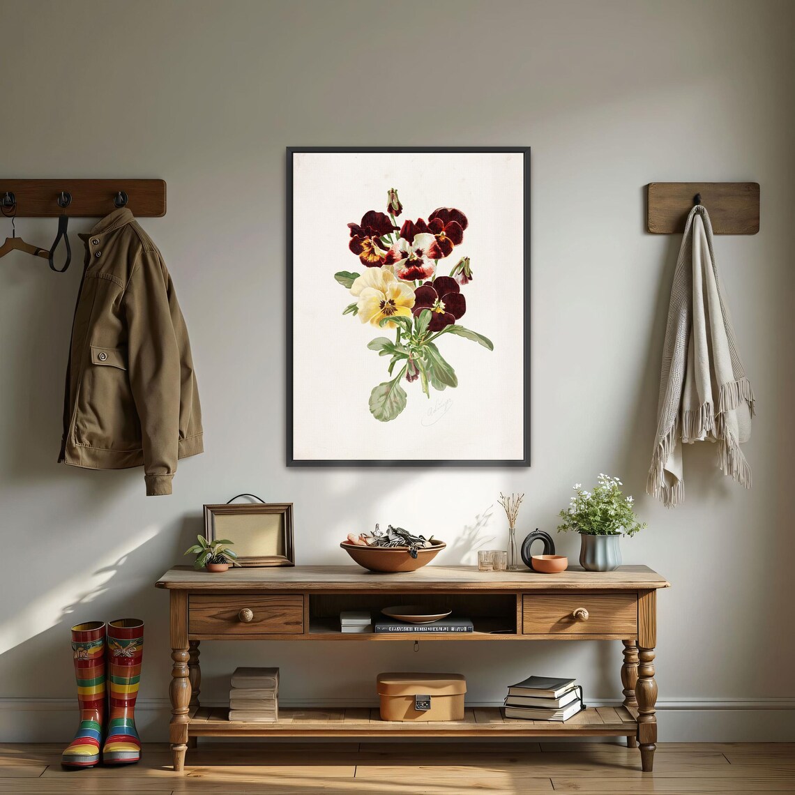 Dark Maroon And Yellow Pansies Bouquet Vintage Botanical Art Poster - Image 4