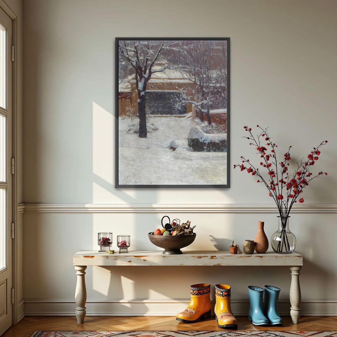 Snowy Garden With Brick Building Vintage Winter Landscape Poster - Image 4