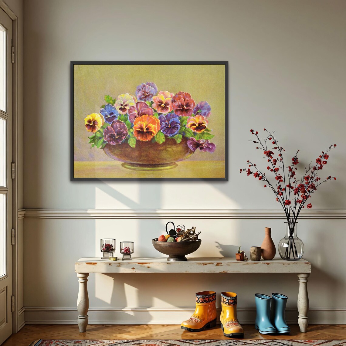 Colorful Pansies Overflowing Brown Bowl Floral Still Life Art Poster - Image 4