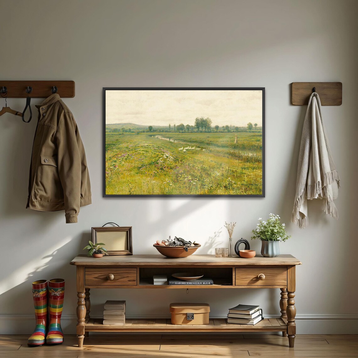Tranquil Meadow With Geese Wildflowers And A Winding Stream Poster - Image 3