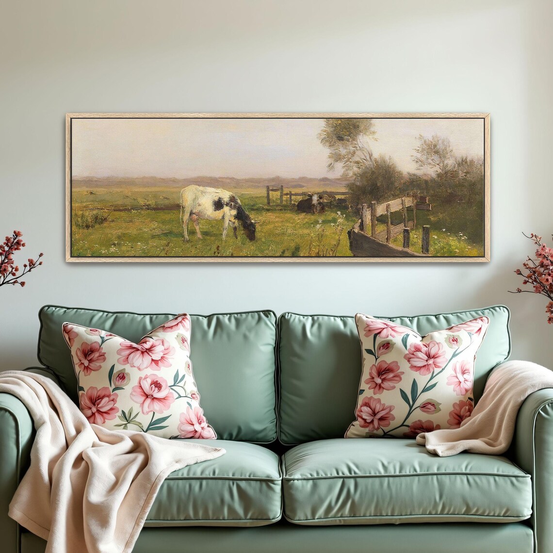 Cows Grazing in a Sunny Meadow With Rustic Wooden Fences Poster - Image 5