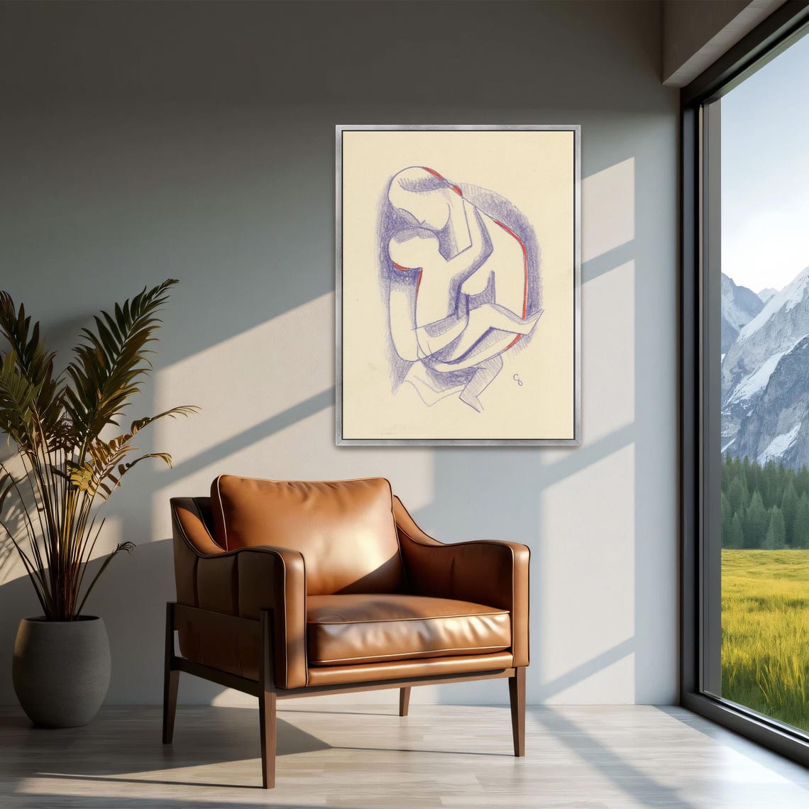 Framed Wall Art Of Mother And Child Drawing Geometric Wall Art Purple And White Entryway Art Print Red And Gray Geometric Print - Image 2
