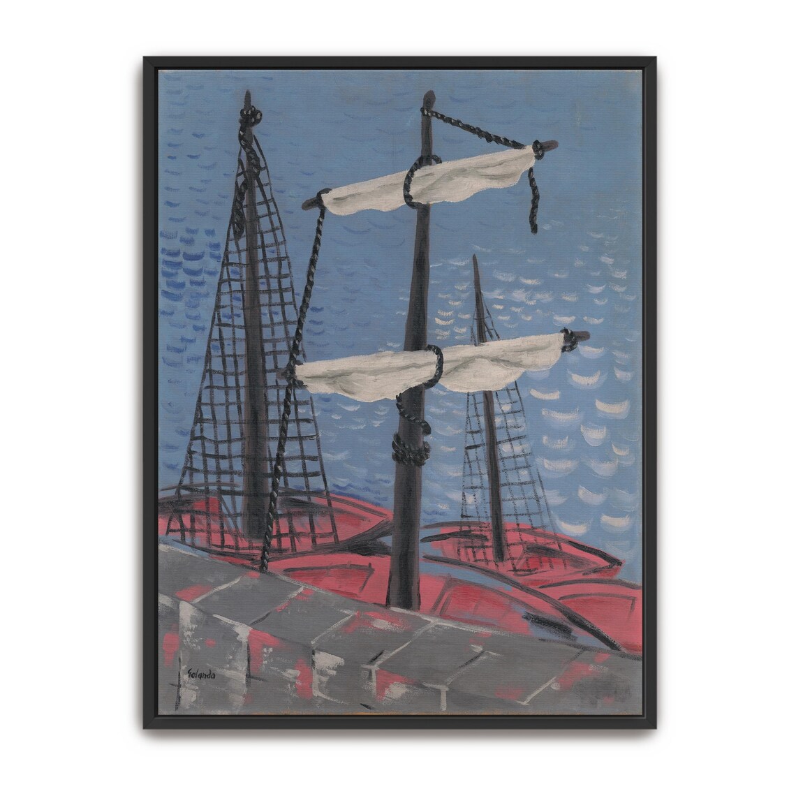 Naive Painting Of Two Red Fishing Boats Moored At The Dock Poster