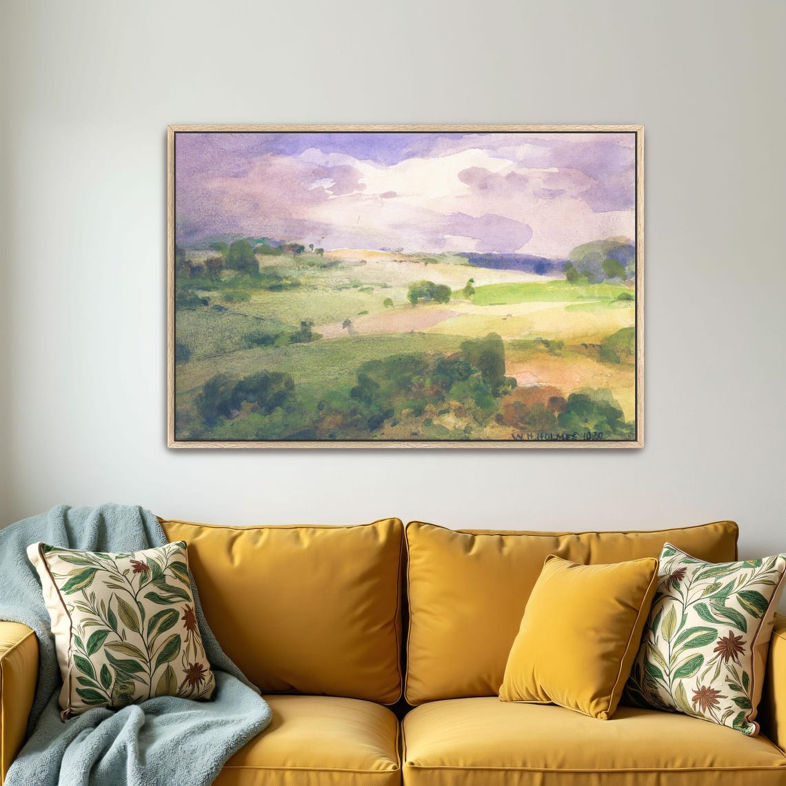 Framed Print Of Rolling Hills Under A Cloudy Sky Landscape Wall Art Green And Purple Living Room Artwork Contemporary Art - Image 5