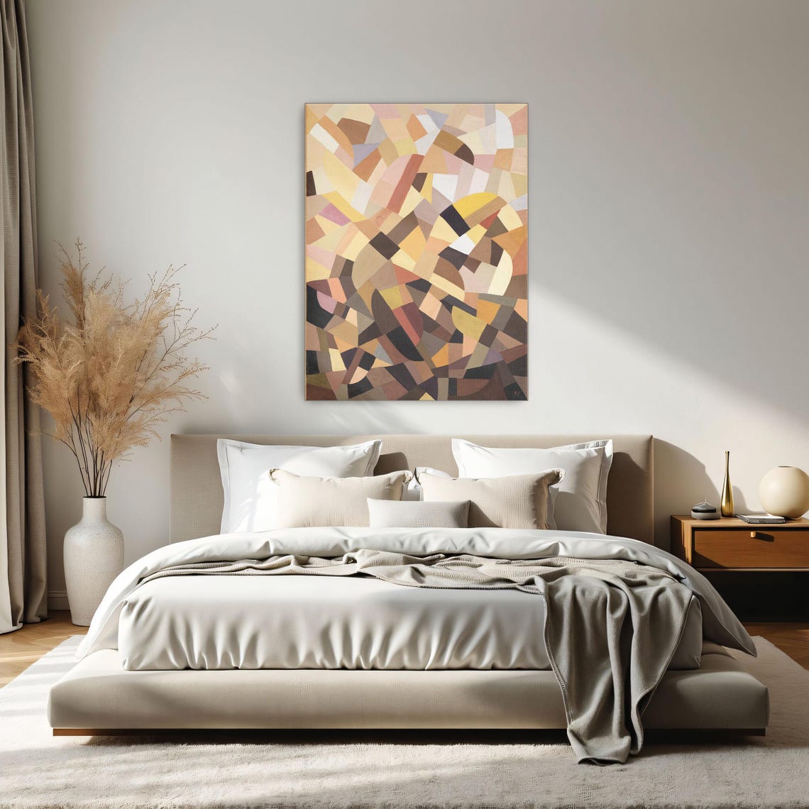 Framed Wall Art Of Abstract Geometric Painting With Brown Yellow And Pink Shapes Geometric Fine Art Print Art Deco Oil Painting - Image 2