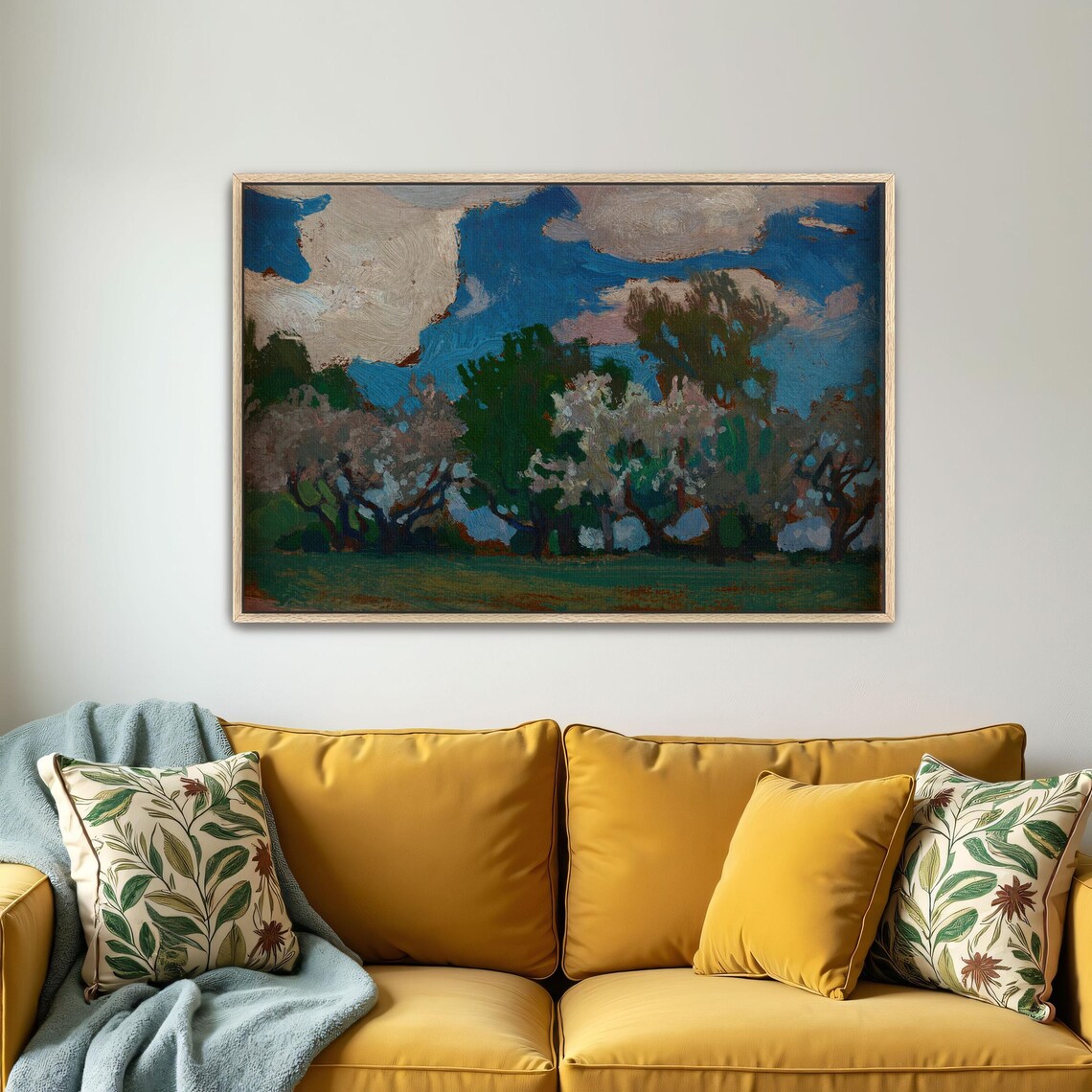 Framed Wall Art Of A Landscape Painting Of Trees In Bloom Landscape Print Green And Blue Entryway Decor Rustic Oil Painting - Image 4