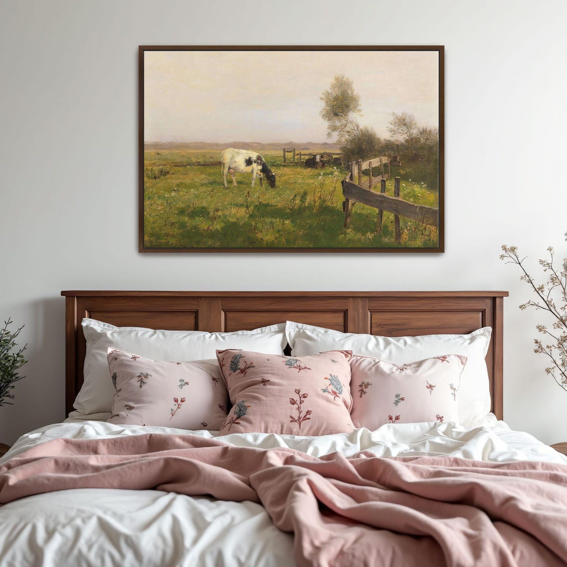 Cows Grazing in a Fenced Pasture Rustic Farm Landscape Art Print - Image 5