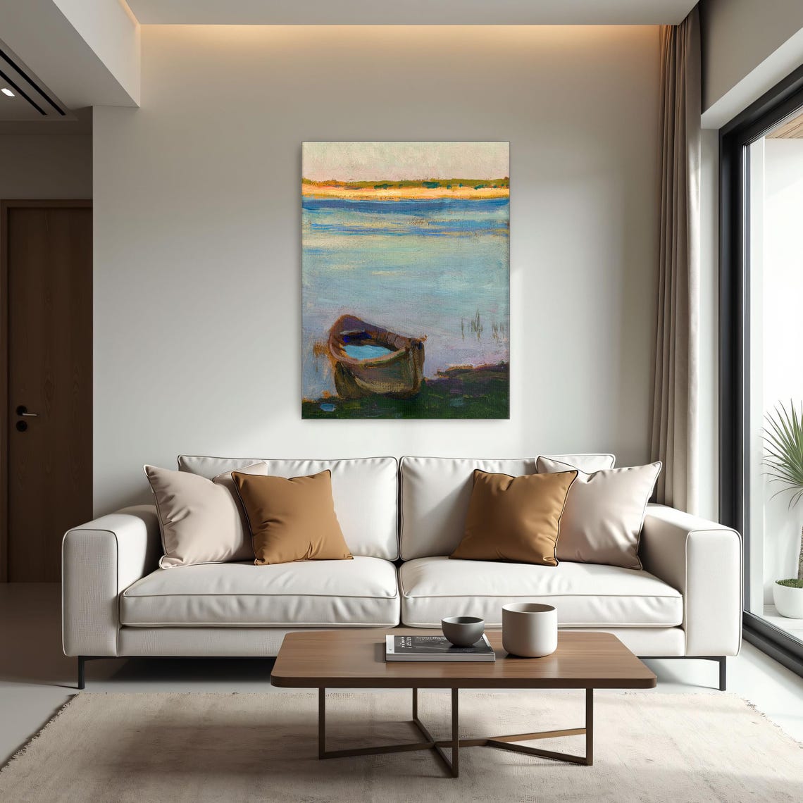 Wooden Boat on a Calm River Impressionist Landscape Scene Poster - Image 2