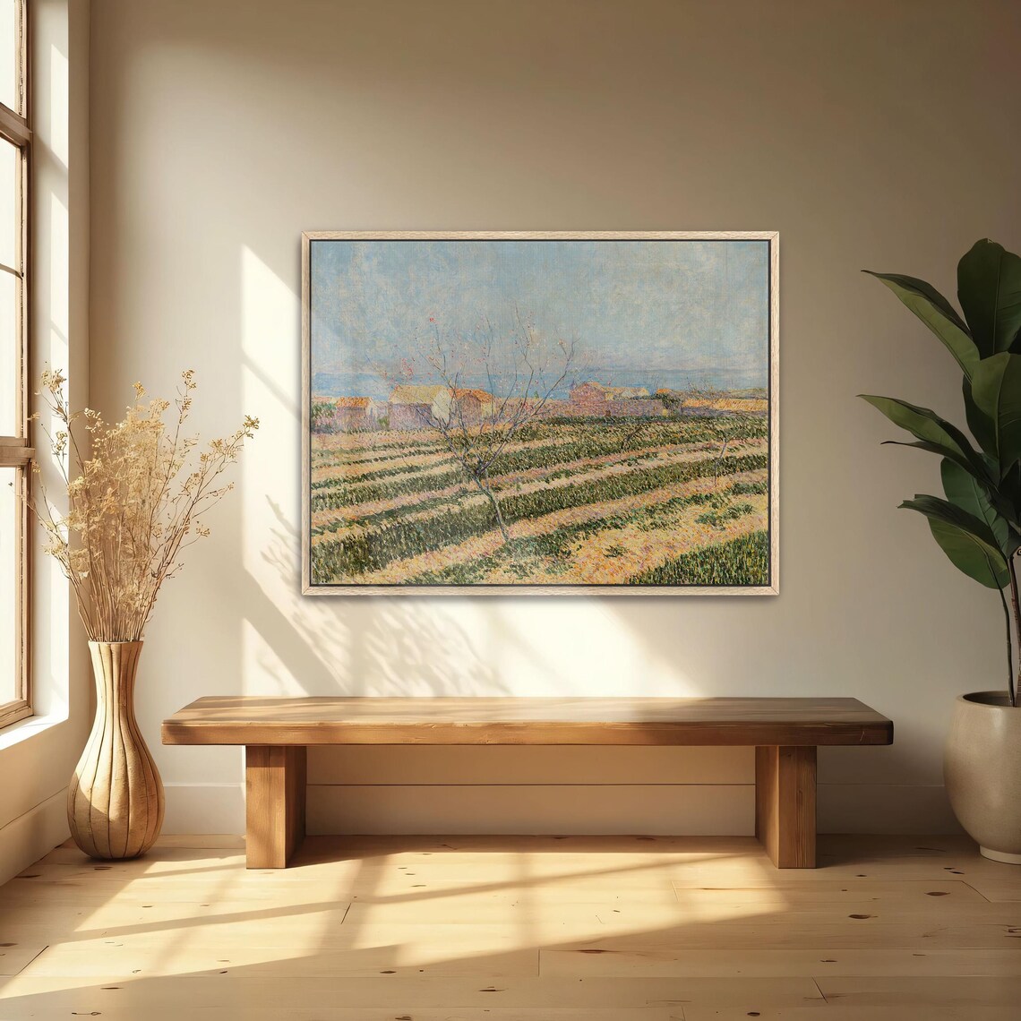 Framed Print Of Countryside Landscape With A Tree Landscape Wall Art Green And Beige Bedroom Artwork Rustic Oil Painting - Image 5