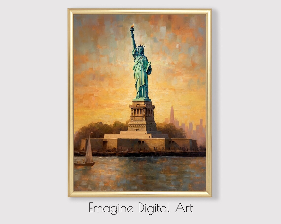 Statue of Liberty New York Harbor Golden Sunset Oil Painting Poster
