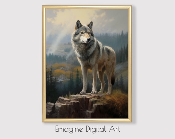 Art Lone Wolf In Mountain Wilderness Wildlife Painting Natural Habitat Instantly Print And Frame Wl04