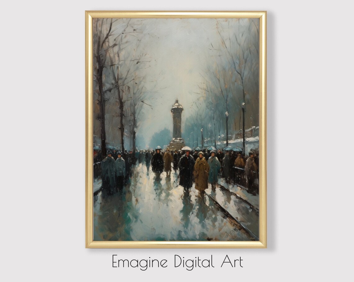 Impressionist Winter Parisian Promenade Rainy Street Painting Poster