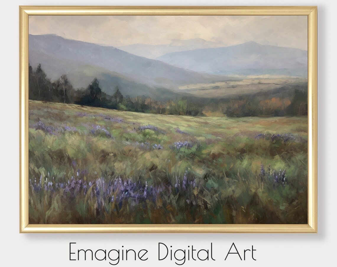 Mountain Meadow Wild Bluebells Soft Oil Landscape Painting Poster