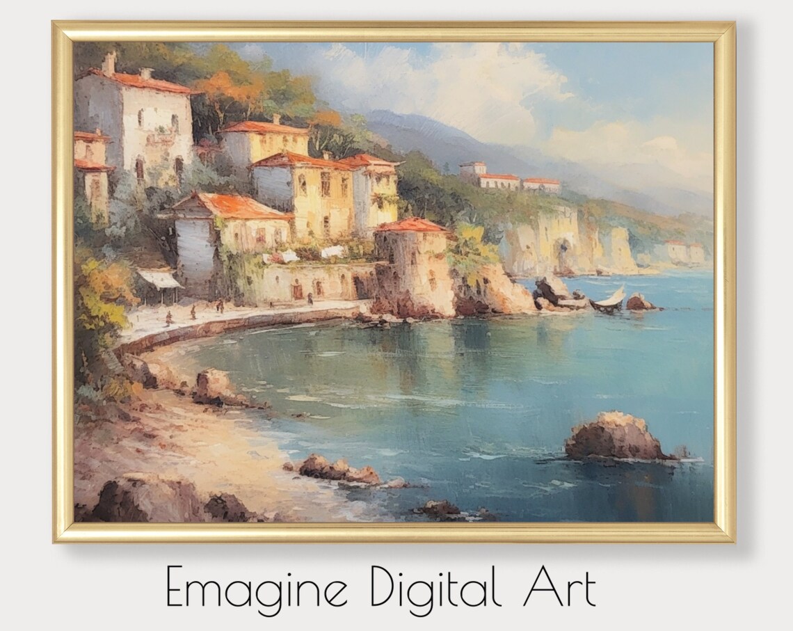 Mediterranean Coastal Village Painting Cliffs Boats Seascape Poster