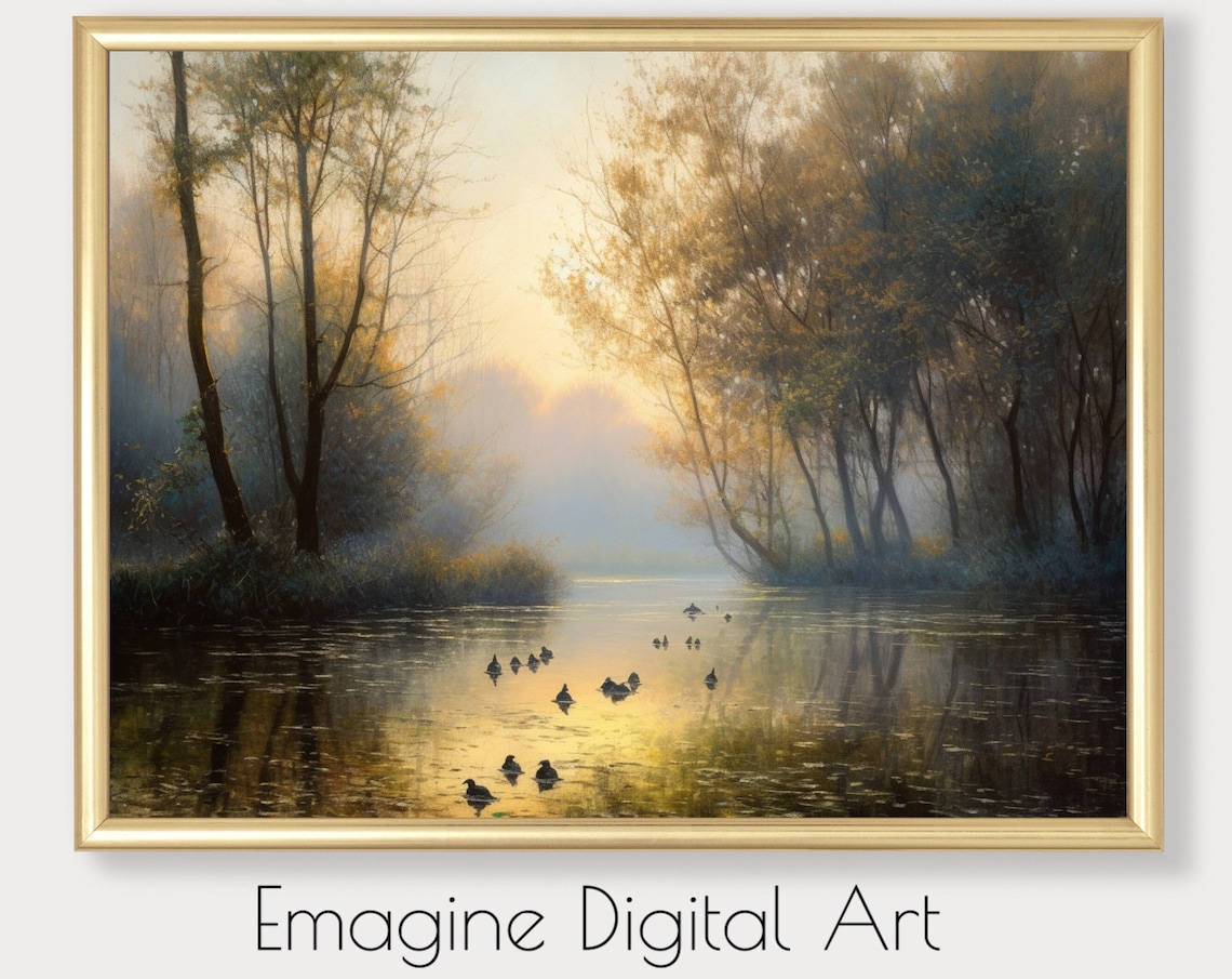 Lake With Ducks At Sunrise, Vintage Landscape Art Print