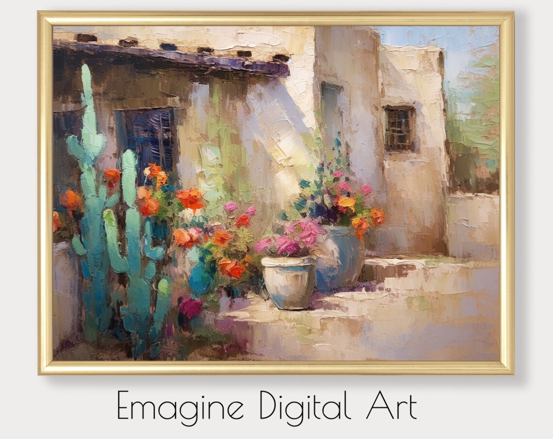 Southwest Adobe Home Cactus Flower Pots Desert Impressionist Painting Poster