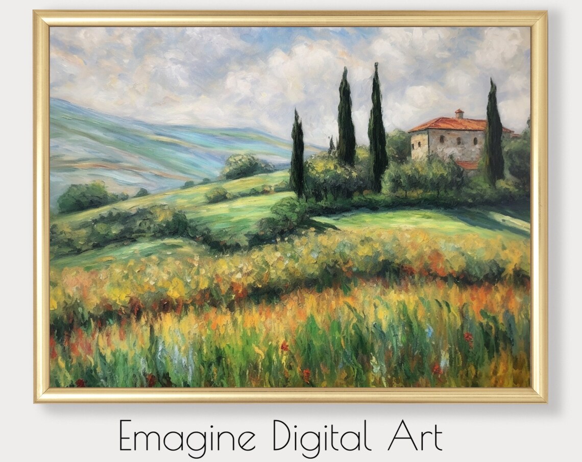 Tuscany Stone Villa Cypress Trees Impressionist Landscape Art Print