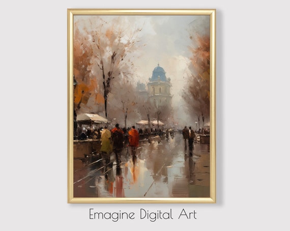 Art Impressionist Scene Of A Rainy Parisian Promenade In Autumn Fall Paris Instantly Print And Frame Pl03