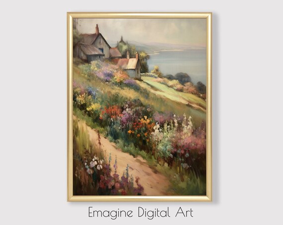 European Hillside Cottage by a Peaceful Lake Art Print