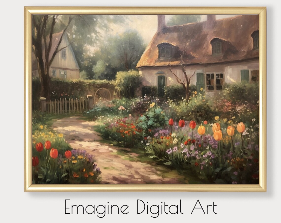 Vintage European Cottage Tulip Garden Country Path Oil Painting Poster