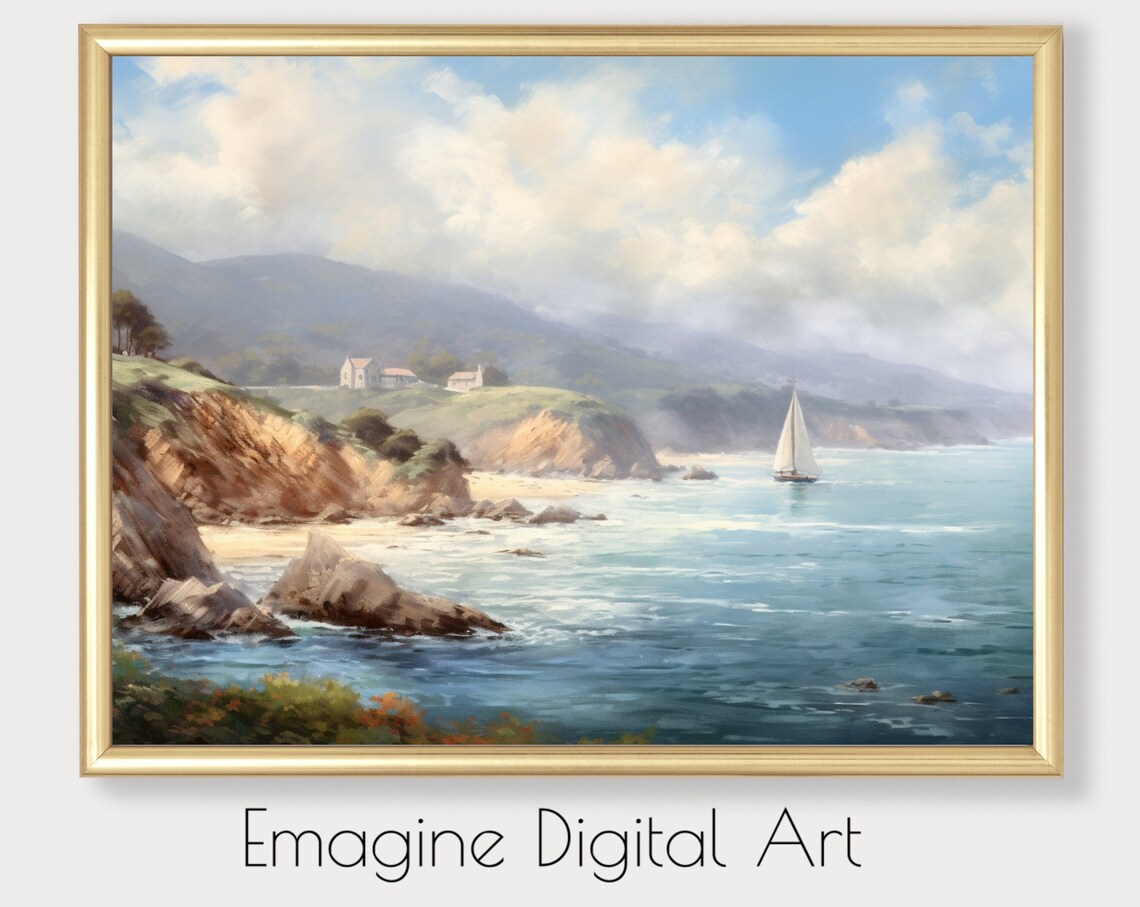 Vintage Coastal Sailboat Ocean Cliffs Mountains Serene Seascape Poster
