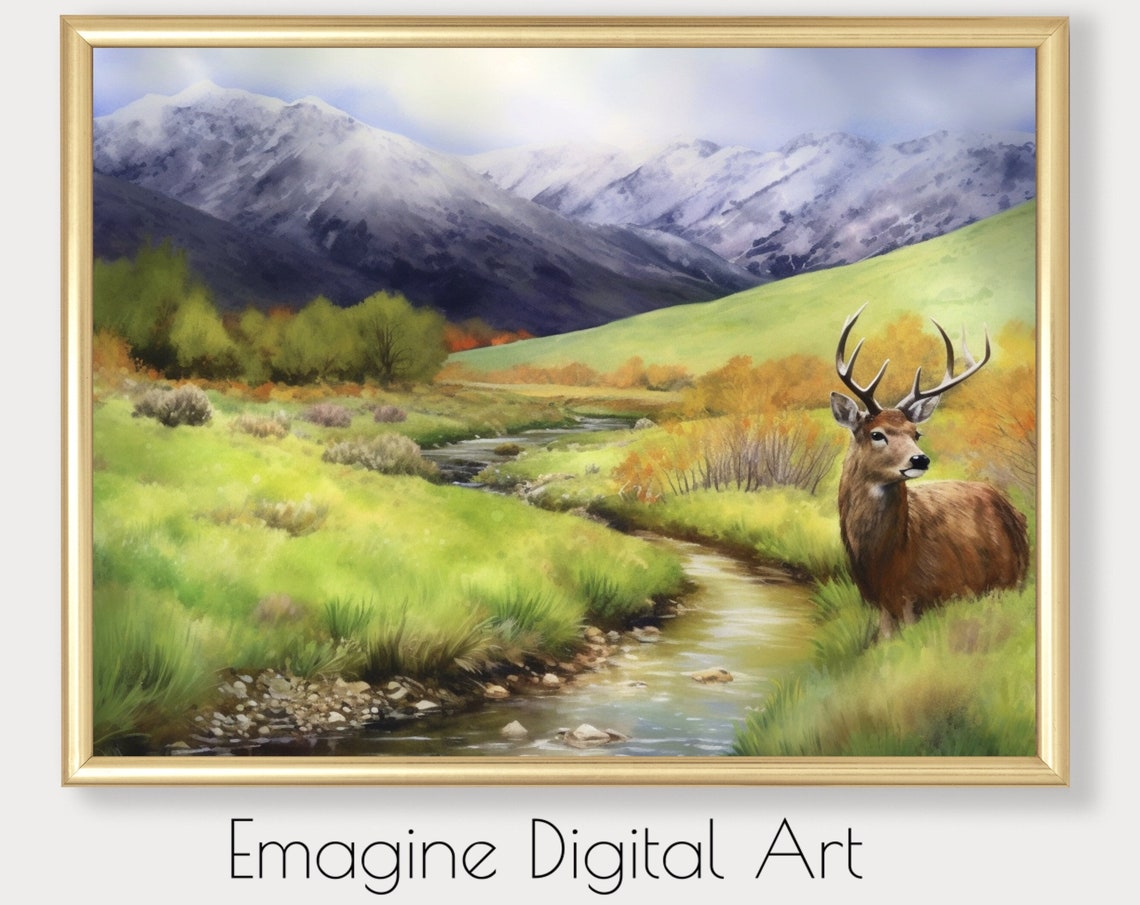 Art Mountains Stream And Buck Deer Rustic Wilderness Wall Decor To Instantly Print Frame Ls59