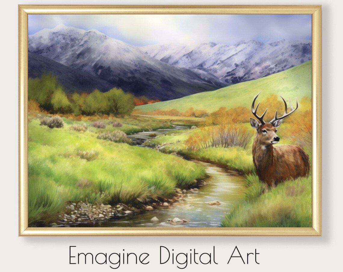 Buck Deer Mountain Stream Snowy Peaks Rustic Wildlife Painting Poster