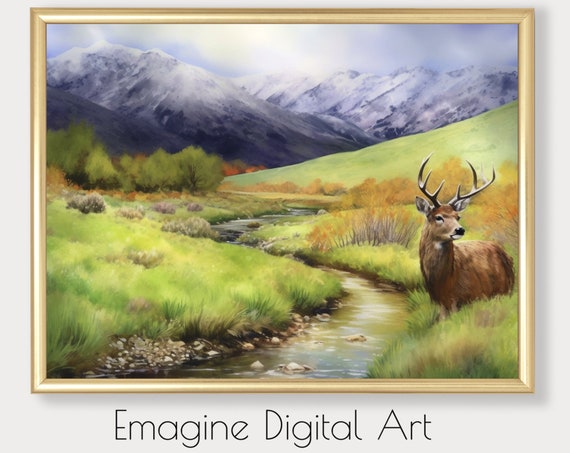 Art Mountains Stream And Buck Deer Rustic Wilderness Wall Decor To Instantly Print Frame Ls59