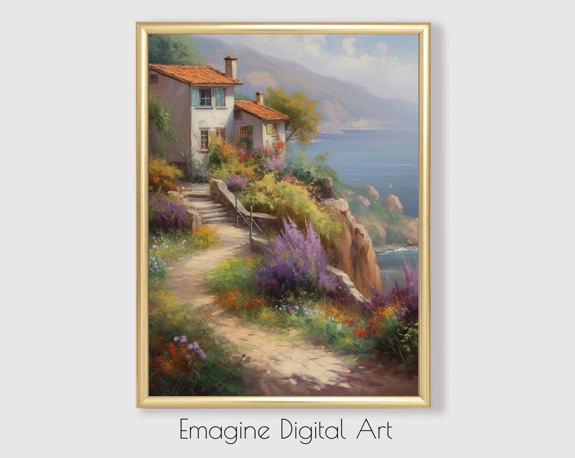 Mediterranean Coastal Villa Wildflower Garden Painting Poster