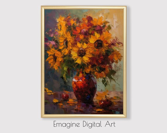 Sunflowers in Vase Bold Impressionist Floral Still Life Art Poster