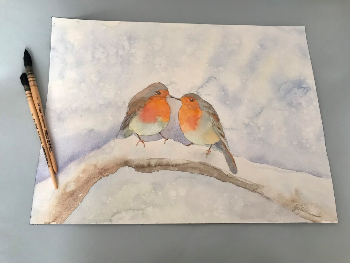 Two European Robins on a Snowy Branch Winter Watercolor Poster - Image 7
