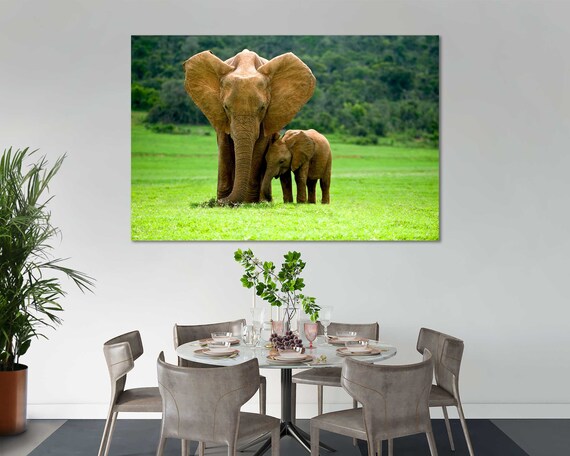 Mother Elephant and Baby Savanna Photo Tender Wildlife Wall Art Poster