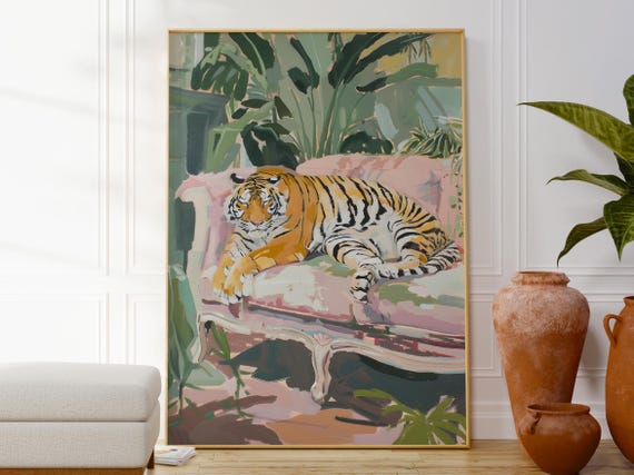 Tiger On Sofa Poster Animal Wall Art Boho Print Botanical Colourful Decor Kitchen Gift For Her Minimalist Modern