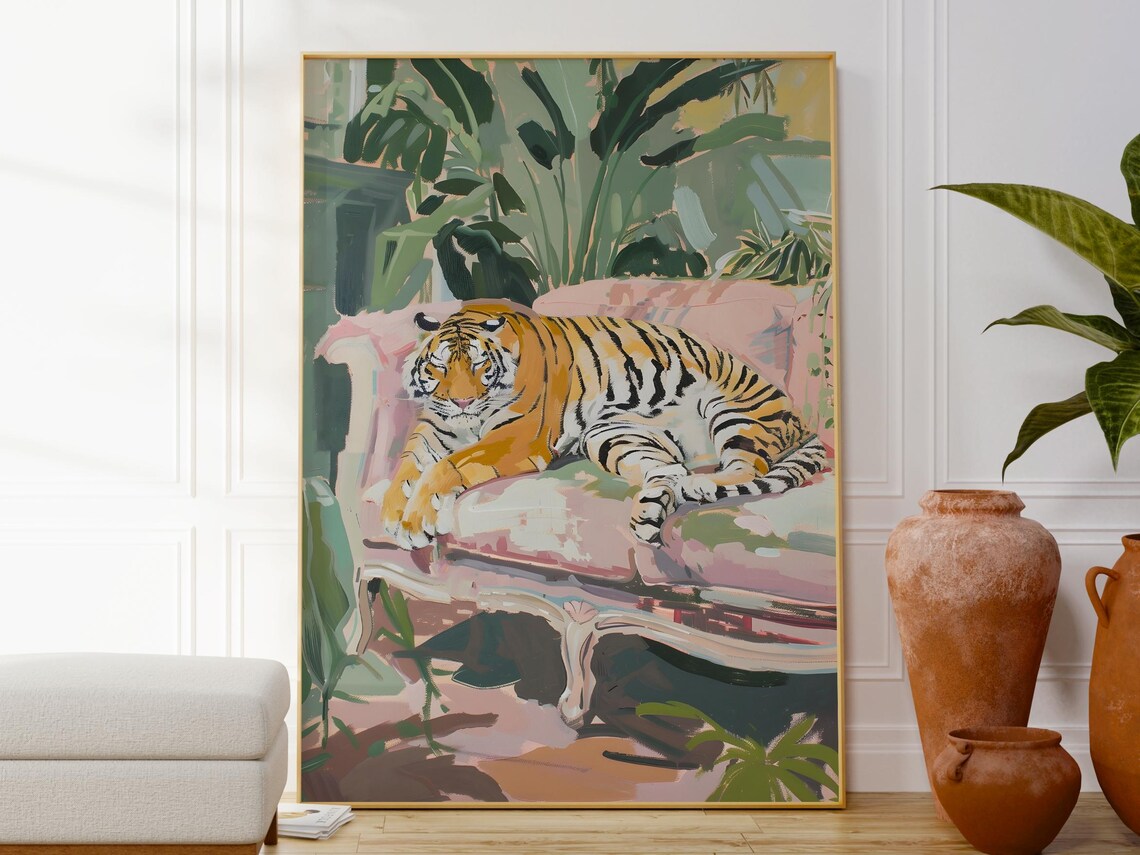 Tiger On Sofa Poster Animal Wall Art Boho Print Botanical Colourful Decor Kitchen Gift For Her Minimalist Modern
