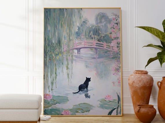 Water Lily Cat Print Calming Animal Art Impressionist Inspired Poster Soft Pastel Decor Gift For Lovers