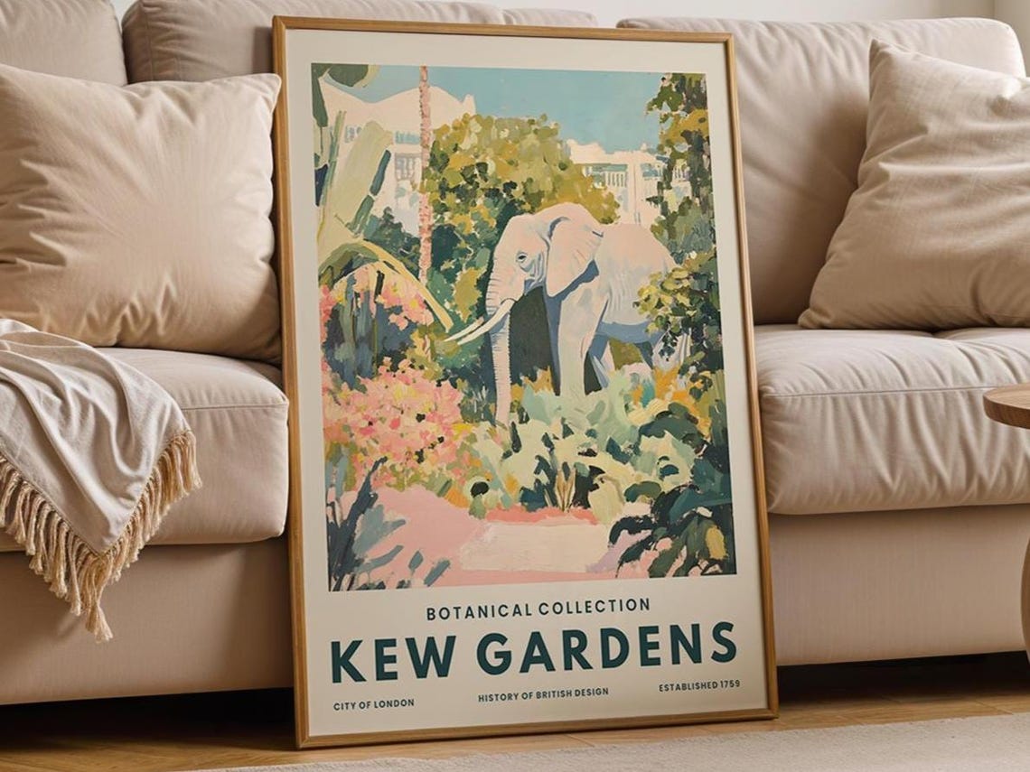Elephant Jungle Print Vintage Botanical Illustration Kew Gardens Style