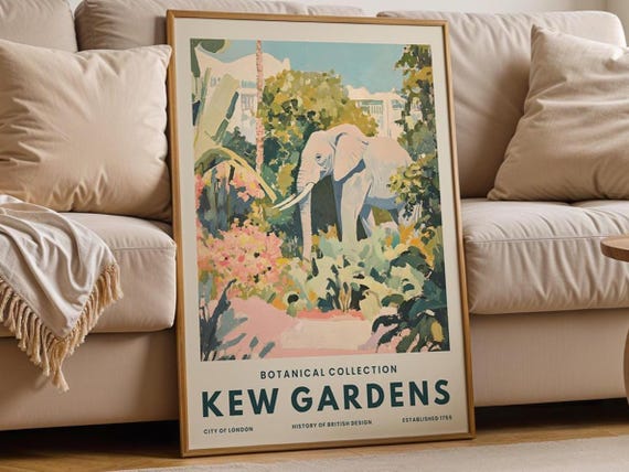 Elephant Jungle Print Vintage Botanical Illustration Kew Gardens Style