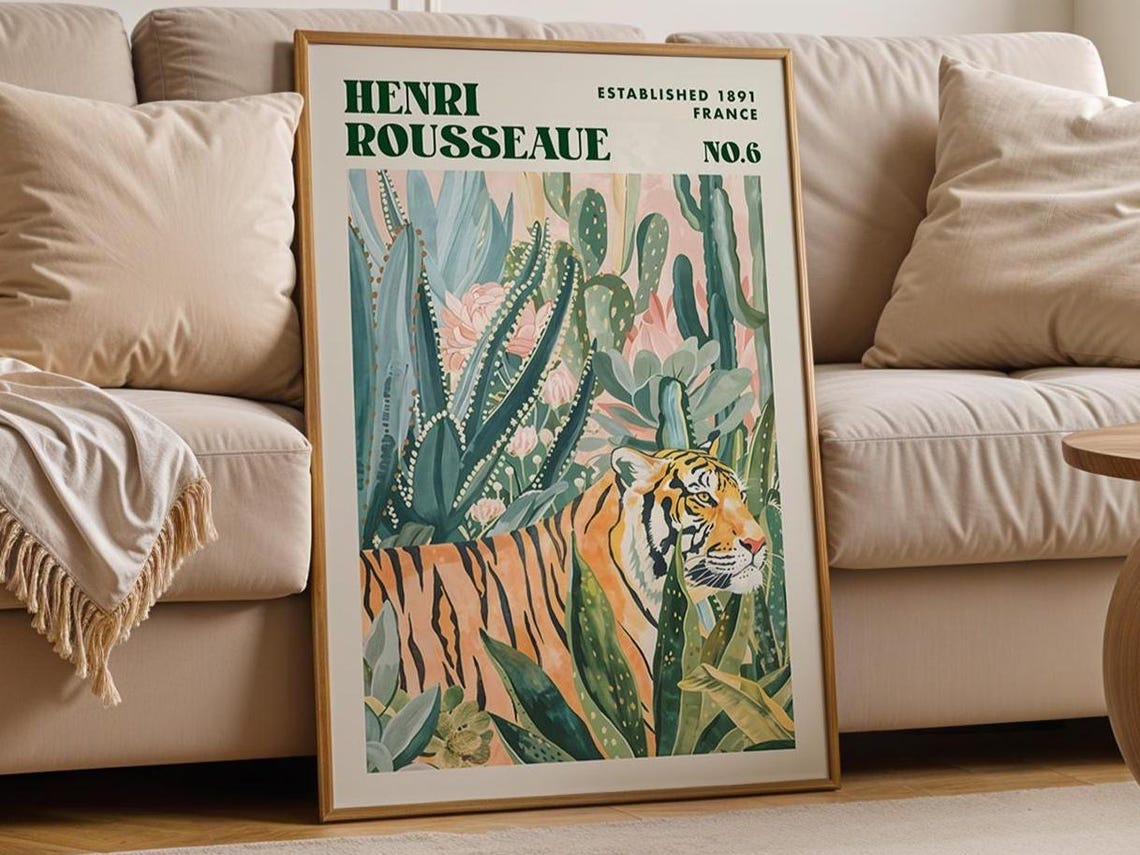 Henri Rousseau Tiger Pink Botanical Cactus Jungle Art Poster