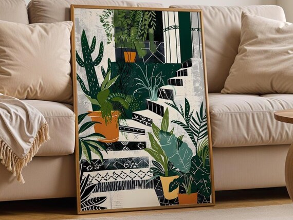 Potted Plants On Moroccan Style Tiles Art Print Modern Botanical Wall Decor Plant Lover Gift Maximalist Gallery Flower Poster