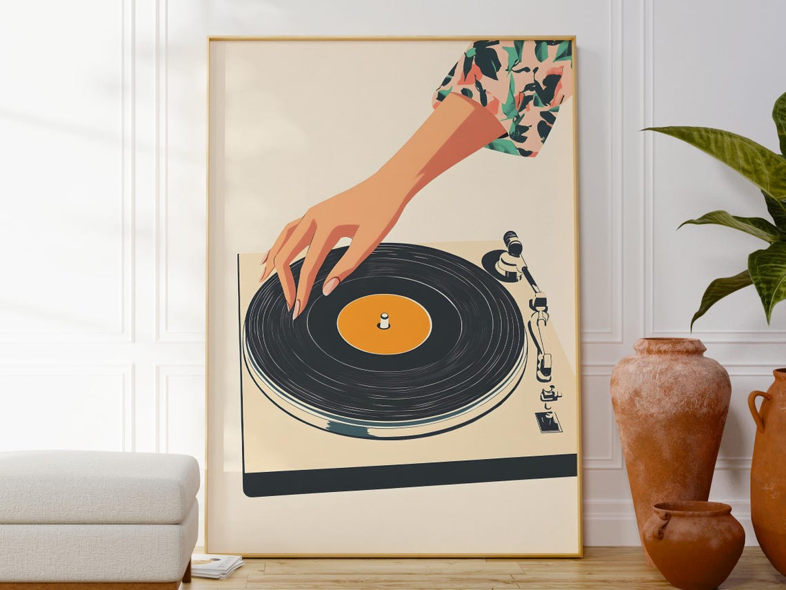 Vintage Vinyl Record Turntable Hand Retro Music DJ Art Poster