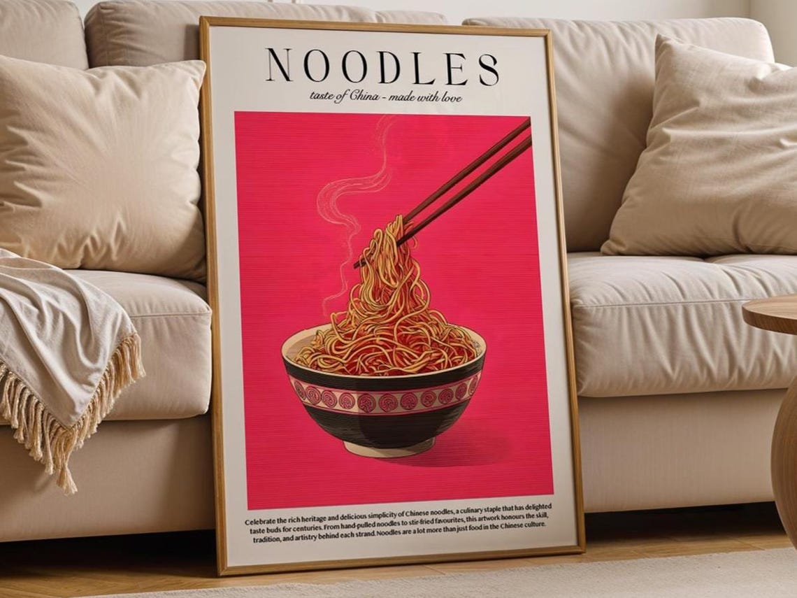 Chinese Noodles Bowl Illustration Poster Pink Retro Kitchen Decor