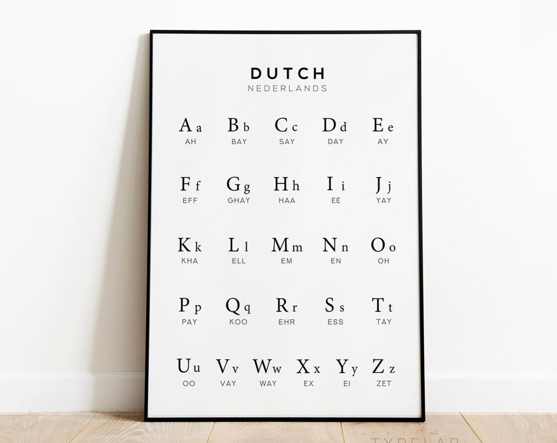 Dutch Alphabet Chart, Black White Nursery Wall Art