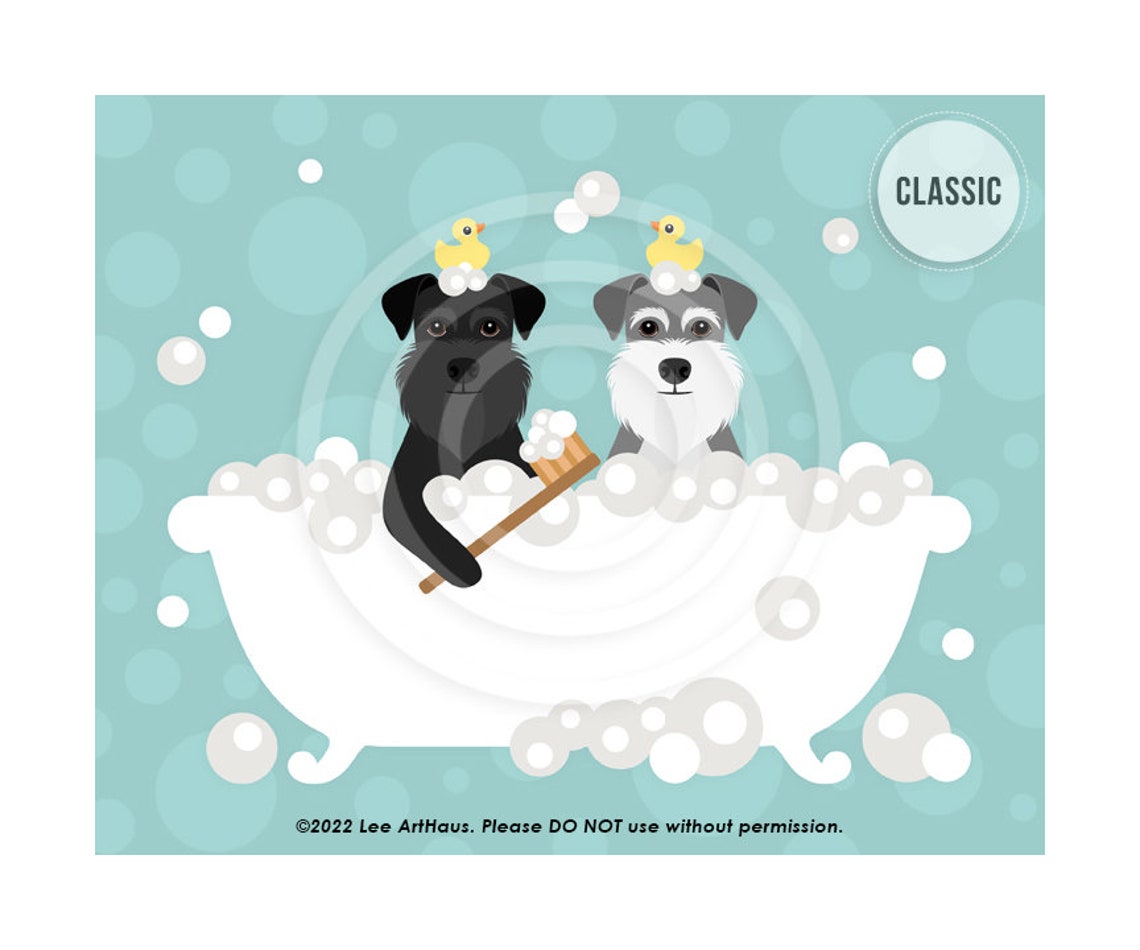 Two Schnauzer Dogs Bubble Bath Clawfoot Tub Rubber Duck Wall Art