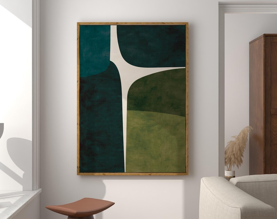 Modern Green Beige Minimalist Art Print, Mid-Century