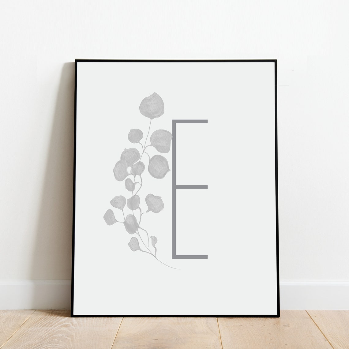 Monogram Letter E Gray Eucalyptus Botanical Initial Framed Art Print