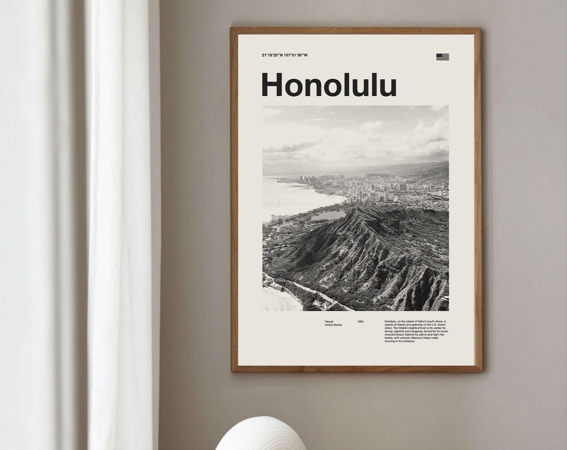 Honolulu Hawaii Diamond Head Black And White Photo Art Poster