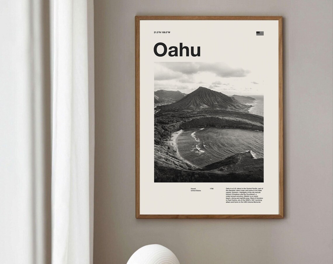 Oahu Hawaii Black And White Island Photo Minimalist Travel Poster