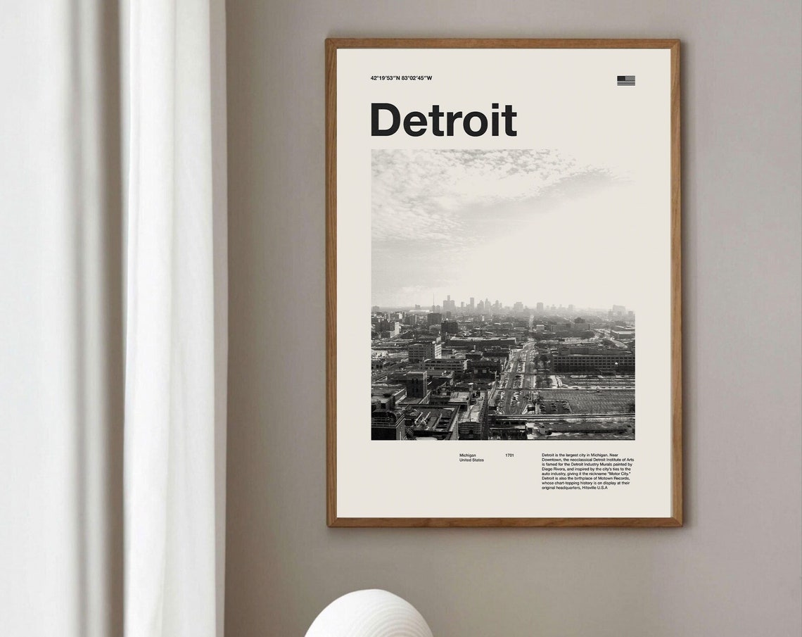Detroit Art Print Detroit Poster Detroit Wall Art Mid Century Poster Travel Print Art Michigan
