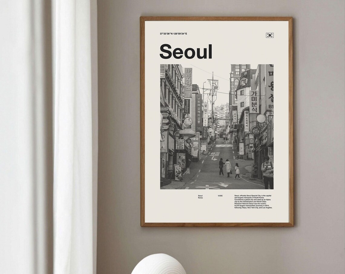 Seoul City Poster, Mid-Century Vintage Travel Print