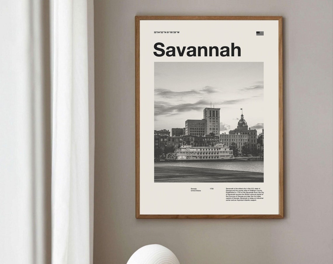 Savannah Georgia Riverfront Mid Century Black and White Photo Poster